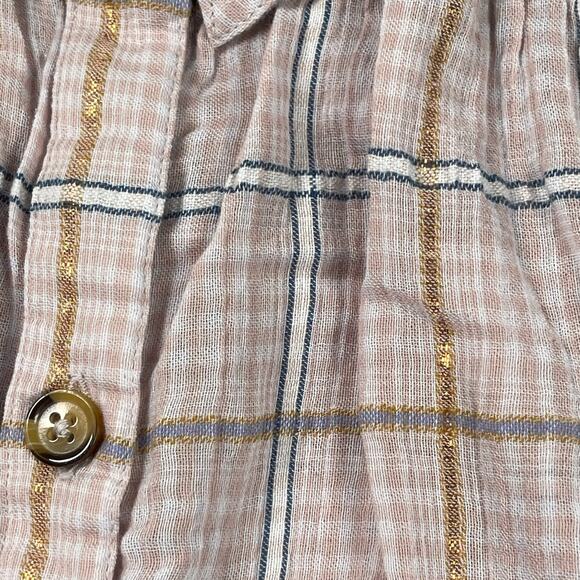 Free People Top Women XS Break My Stripe Plaid Oversized Pale Pink Gold Metallic - Picture 3 of 16